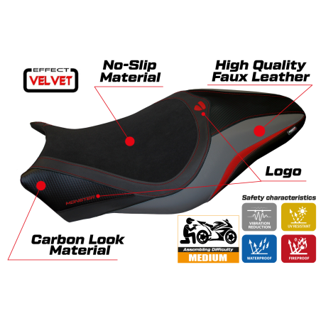 Housse de selle compatible Ducati Monster 821/1200 (14-16) modèle Turis en velvet