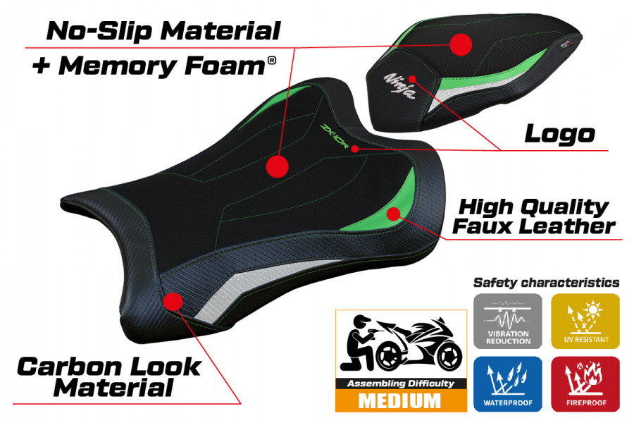 Funda de asiento compatible con Kawasaki Ninja ZX 10 R (21-22) modelo Dexter Comfort System