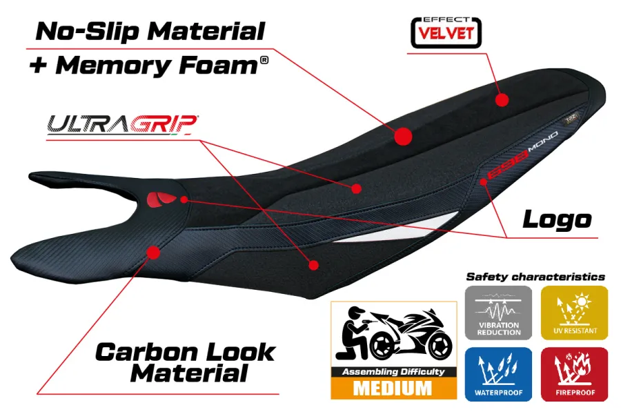 Housse de selle compatible - Ducati Hypermotard 698 Mono  2024-2026 - mod Cairoli Velvet Ultragrip Comfort System