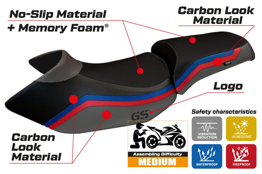 Funda de asiento compatible BMW R 1200 GS (05-12) modelo Lione 1 comfort system