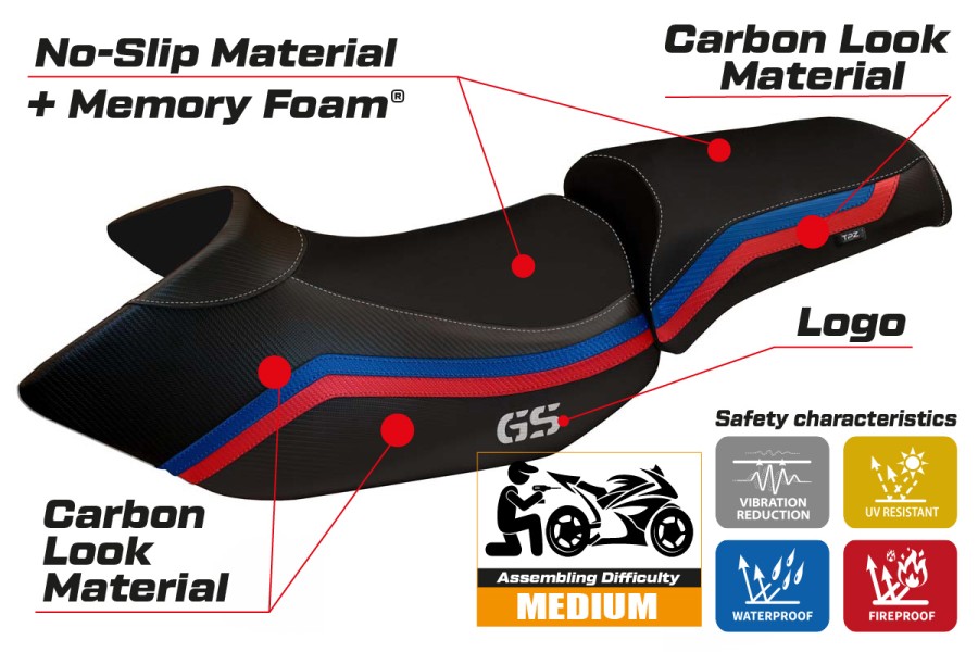 Funda de asiento compatible BMW R 1200 GS (05-12) modelo Lione 1 comfort system