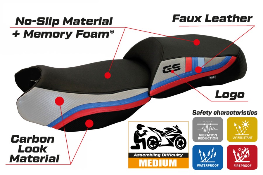 Housse de selle compatible BMW R 1200 GS (13-18) modèle Exclusive Anniversary comfort system