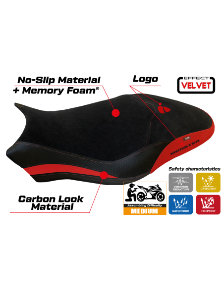 Funda de asiento compatible con Ducati Monster 821/1200 (17-20) modelo Ovada 1 Velvet comfort system