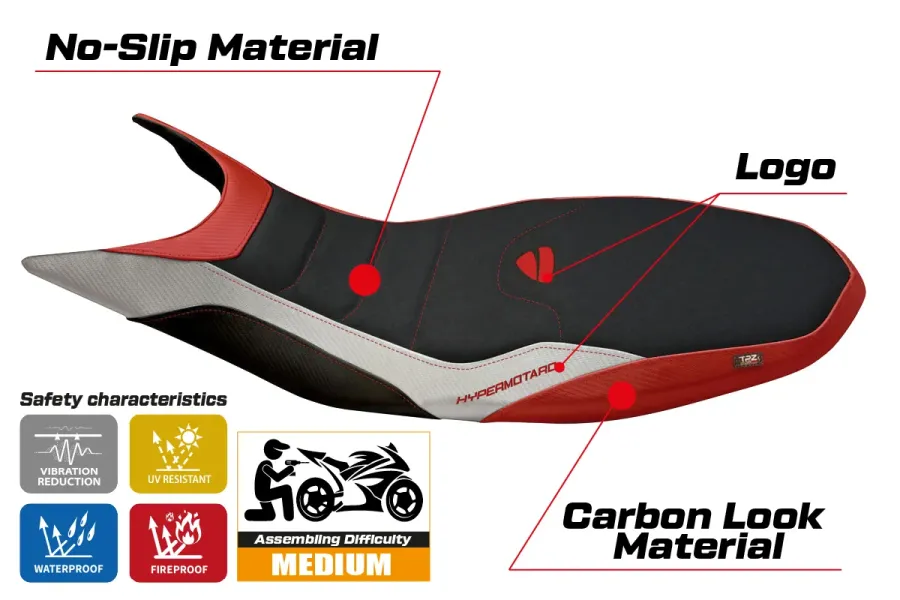 Funda de asiento compatible - Ducati Hypermotard 821/939 2013 - 2018 - mod Megara 1 Ultragrip